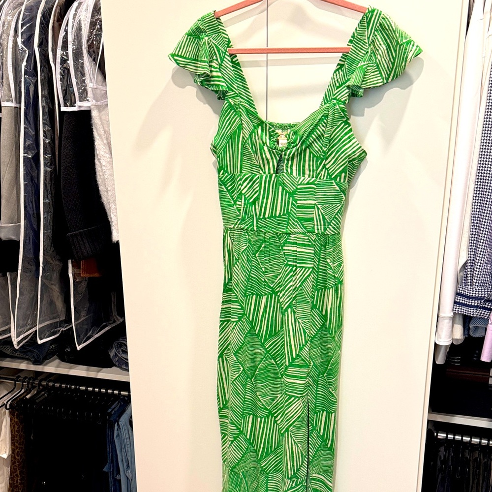 Gorgeous Green Patterned Midi-length Dress - size L